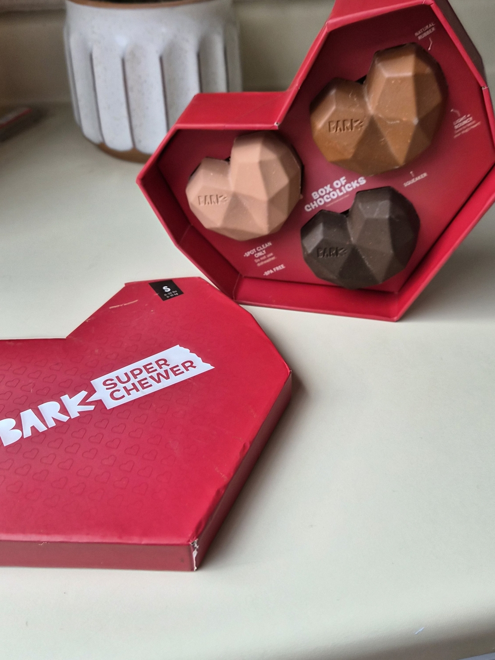 Bark Heart-Shaped Chew Toy Trio in Pink, Tan, and Brown